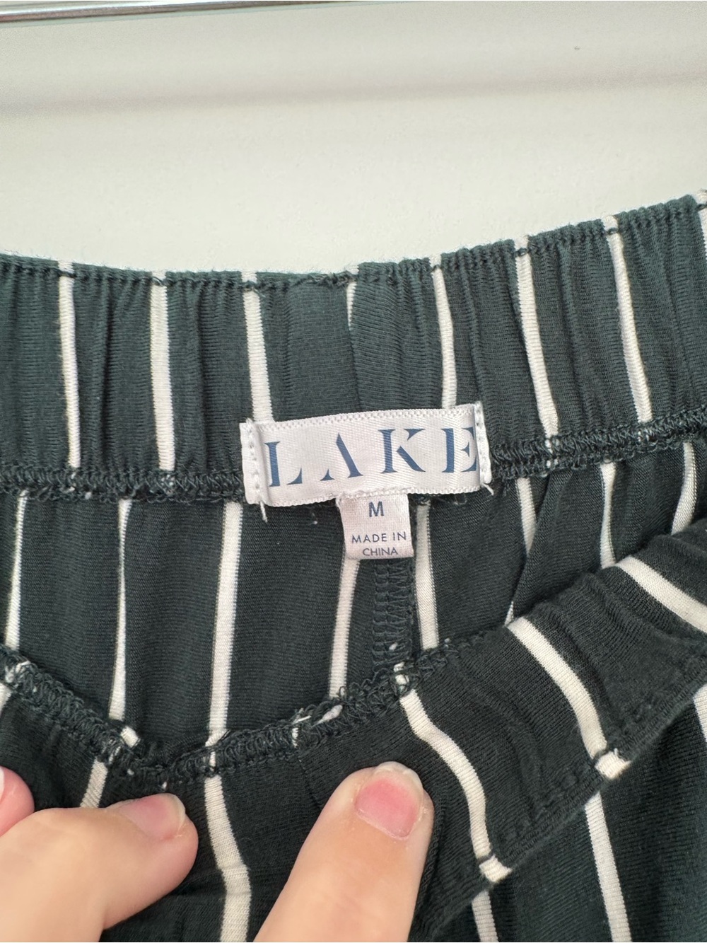 LAKE pajama pants medium dark green white striped lounge luxury sleepwear